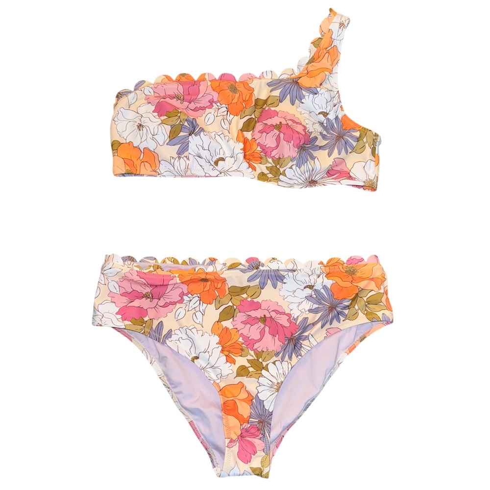 Cupshe XL One Shoulder‎ Floral Bikini Set Scalloped Trim NWT